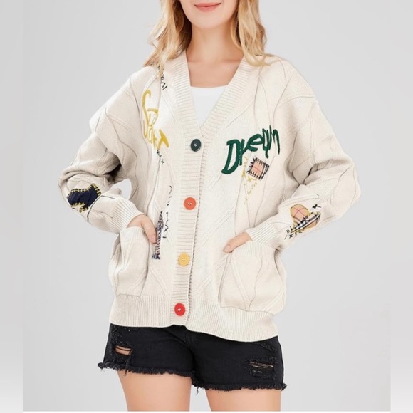 Ebossy Sweaters - Cable Knit Cozy Embroidered Cardigan Sweater Size M